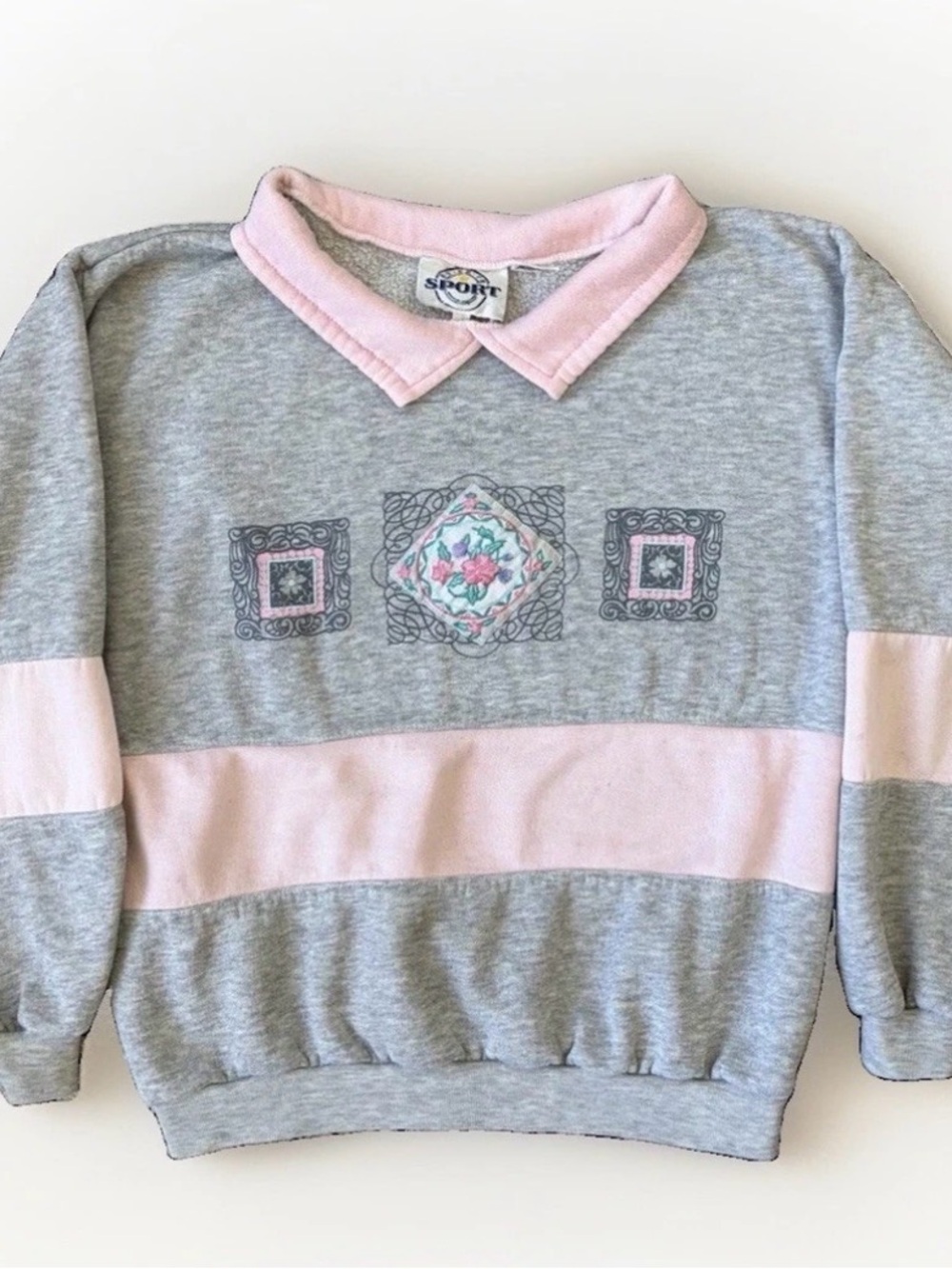 Vintage 80s 90s Collared Floral Embroidered Sweatshirt – Grey & Pink Small
